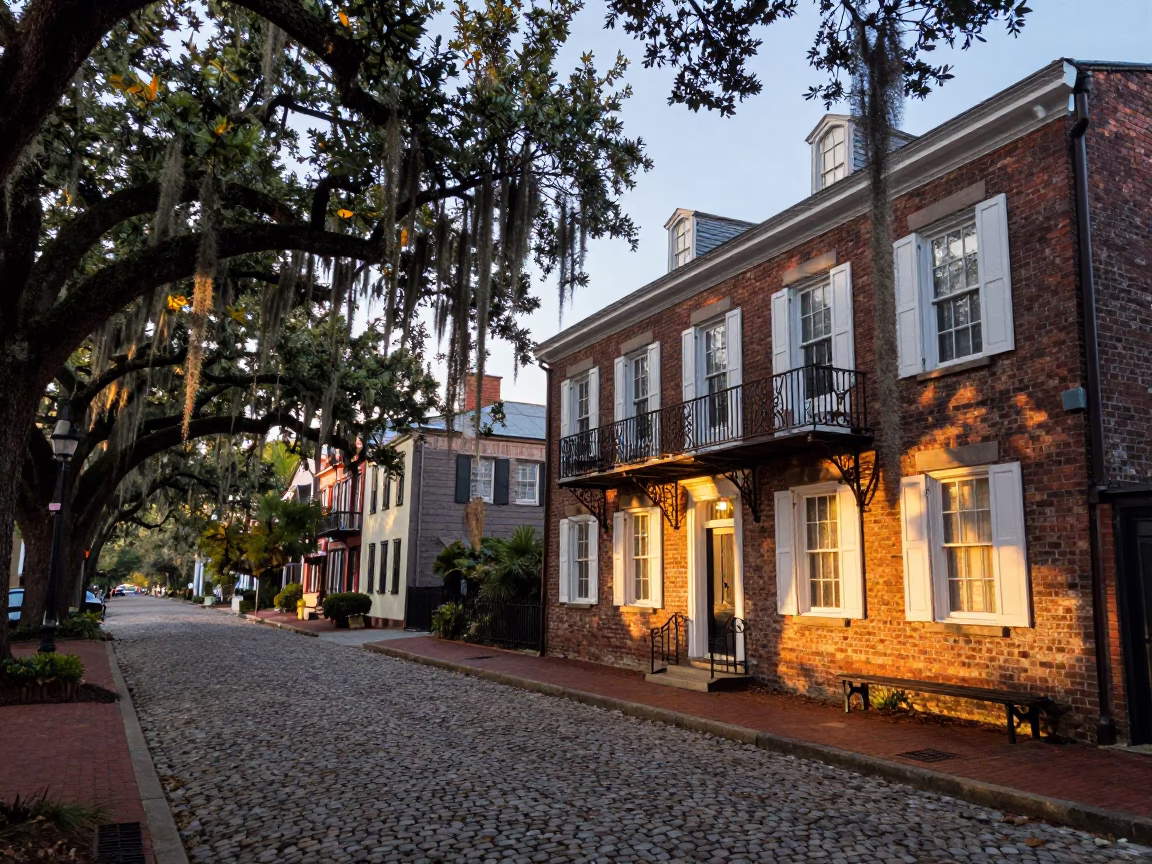First Light Dawn in Charleston South Carolina Historic District Cobblestone Street Scene in in Charleston, South Carolina, United States