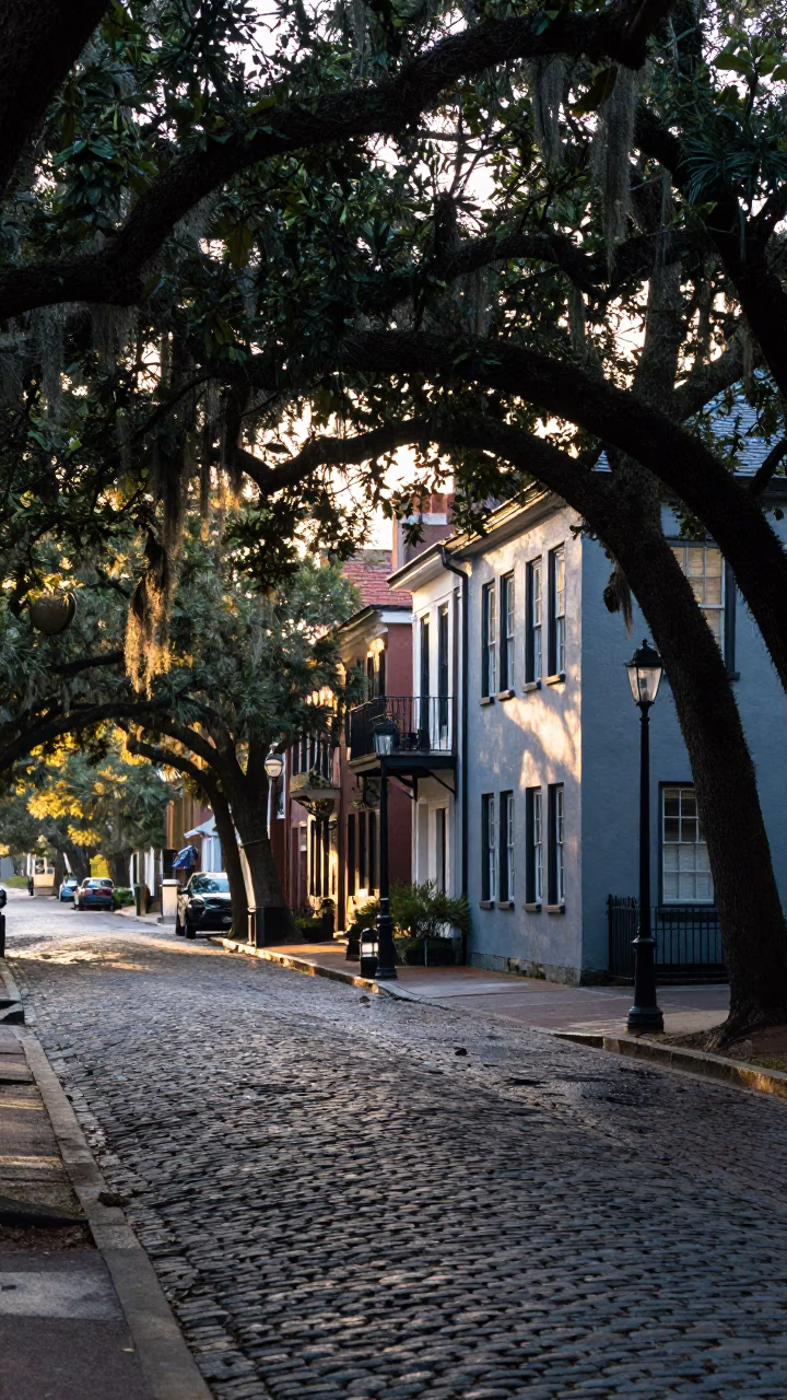 First light dawn in Charleston South Carolina historic district street scene in in Charleston, South Carolina, United States