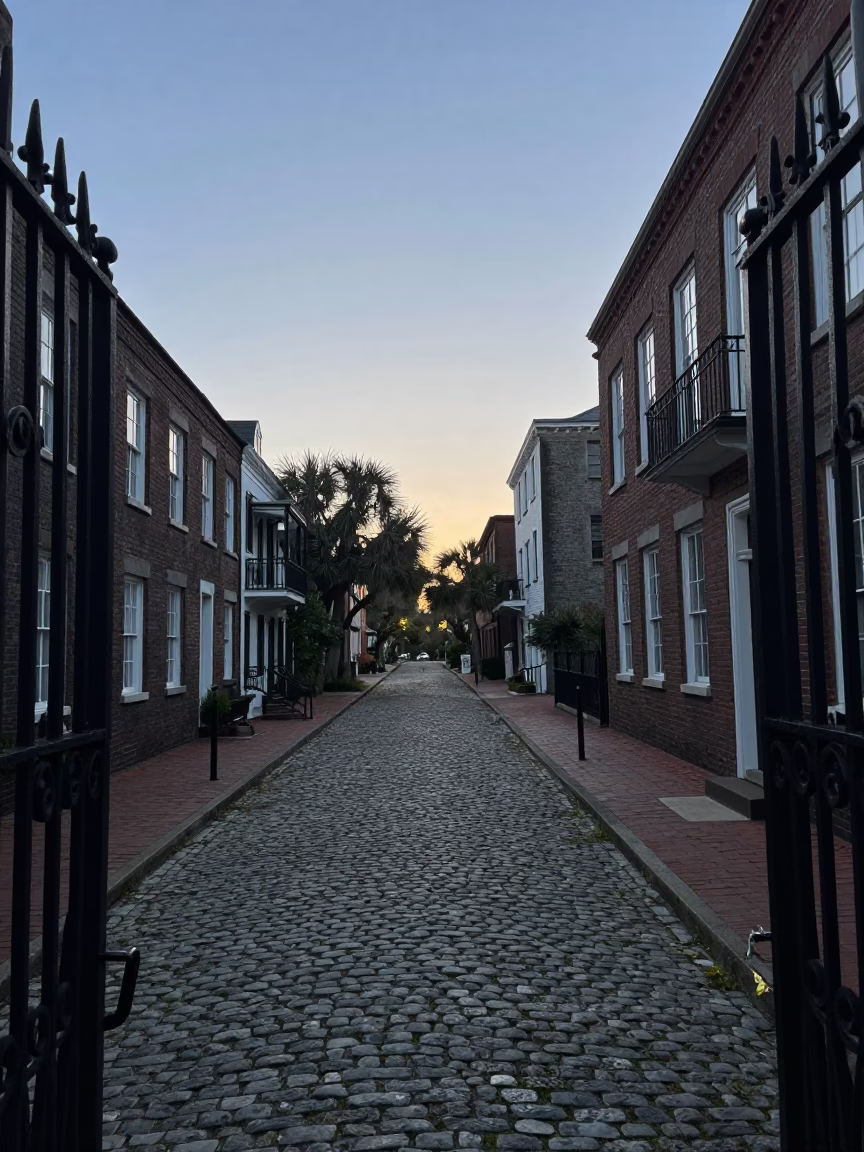 First Light Dawn in Charleston South Carolina Historic Street Scene in in Charleston, South Carolina, United States