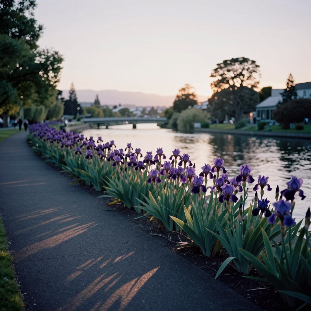 First Light Dawn in Christchurch New Zealand with Purple Iris Garden and River View in in Christchurch, New Zealand
