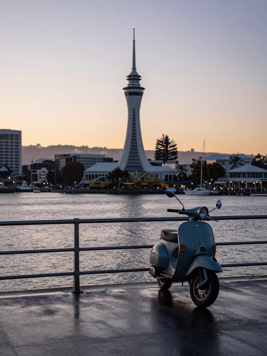 First Light Dawn in Christchurch New Zealand with Scooter on Harbor Promenade in in Christchurch, New Zealand