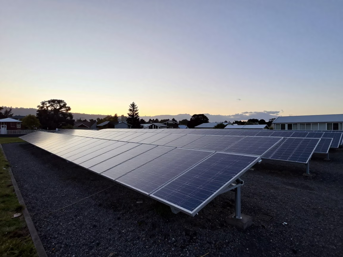 First Light Dawn in Christchurch New Zealand with Solar Arrays and Local Wildlife in in Christchurch, New Zealand