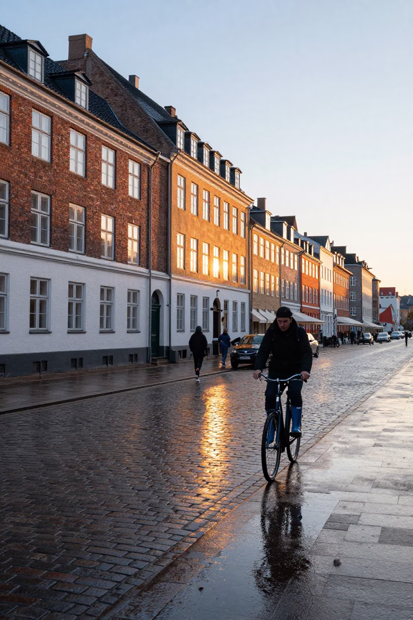 First Light Dawn in Copenhagen Denmark High Fashion Colorful Street Scene in in Copenhagen, Denmark