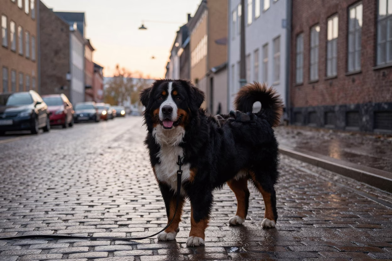 First light dawn in Copenhagen Denmark street scene with Bernese Mountain Dog in in Copenhagen, Denmark