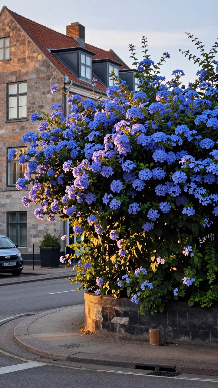 First Light Dawn in Copenhagen Denmark with Blue Plumbago Hedge and Spiral Harbor Breakwater in in Copenhagen, Denmark