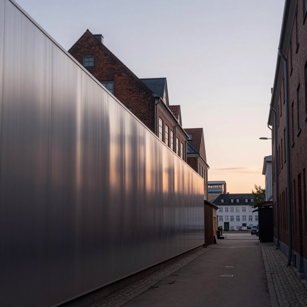 First Light Dawn in Copenhagen Denmark with Brushed Steel Wall and Stair Rail in in Copenhagen, Denmark
