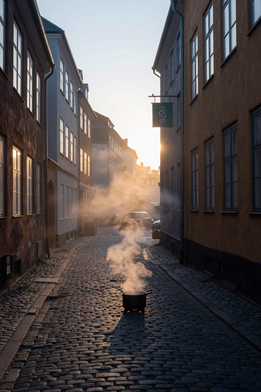 First Light Dawn in Copenhagen Denmark Wrench and Steam Haze in in Copenhagen, Denmark