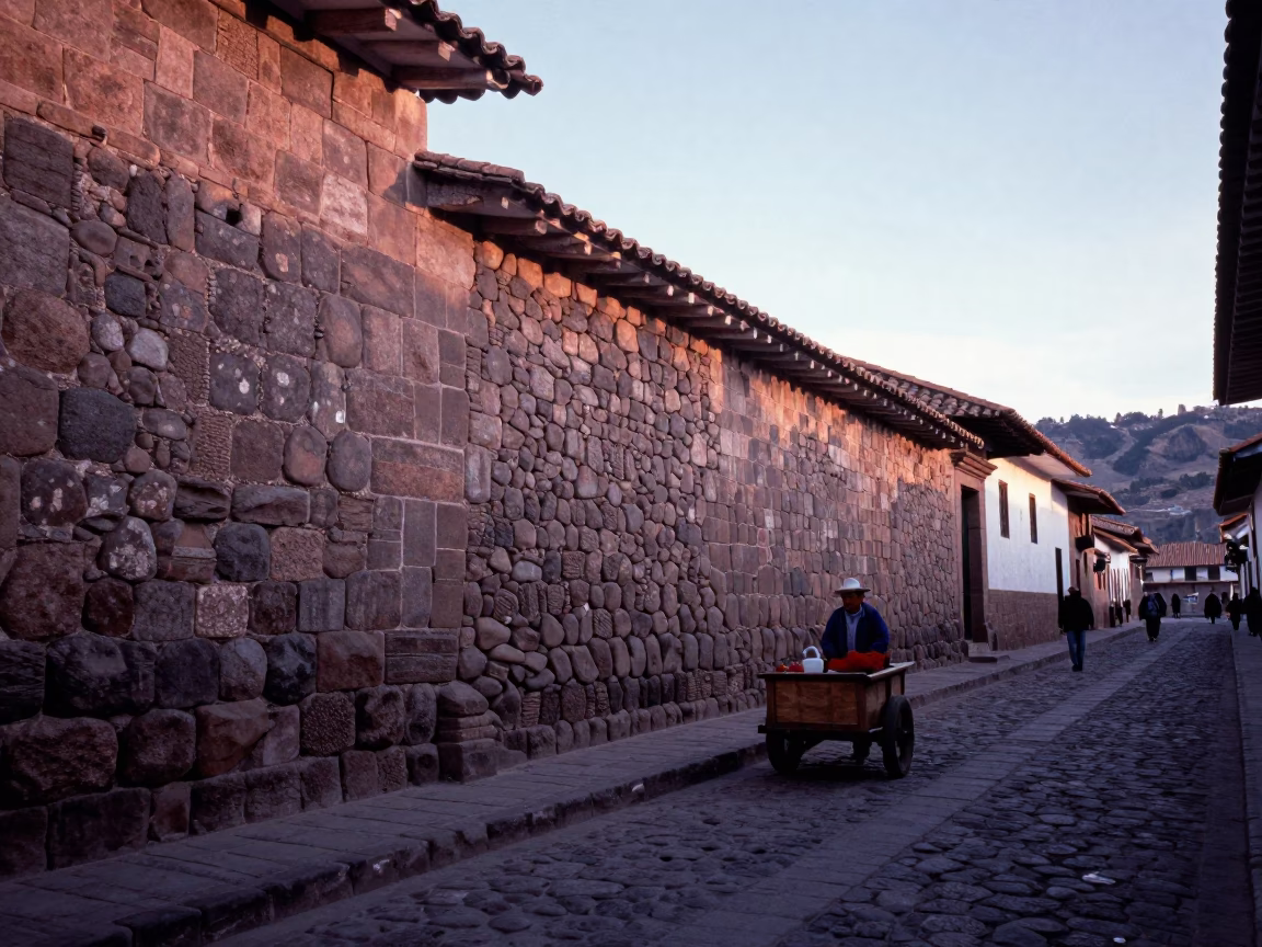 First Light Dawn in Cusco Peru Stone Walls and Local Street Life in in Cusco, Peru