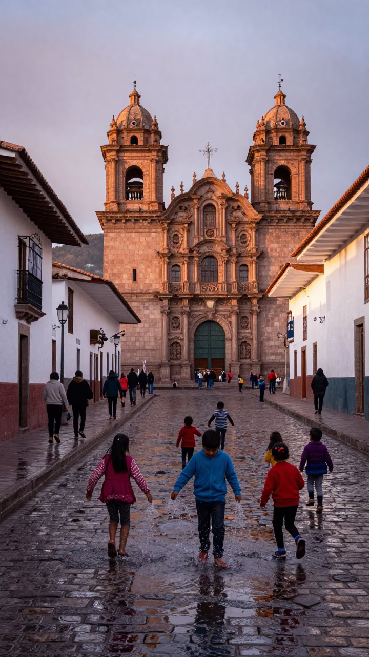 First Light Dawn in Cusco Peru Street Scene with Children Playing in in Cusco, Peru