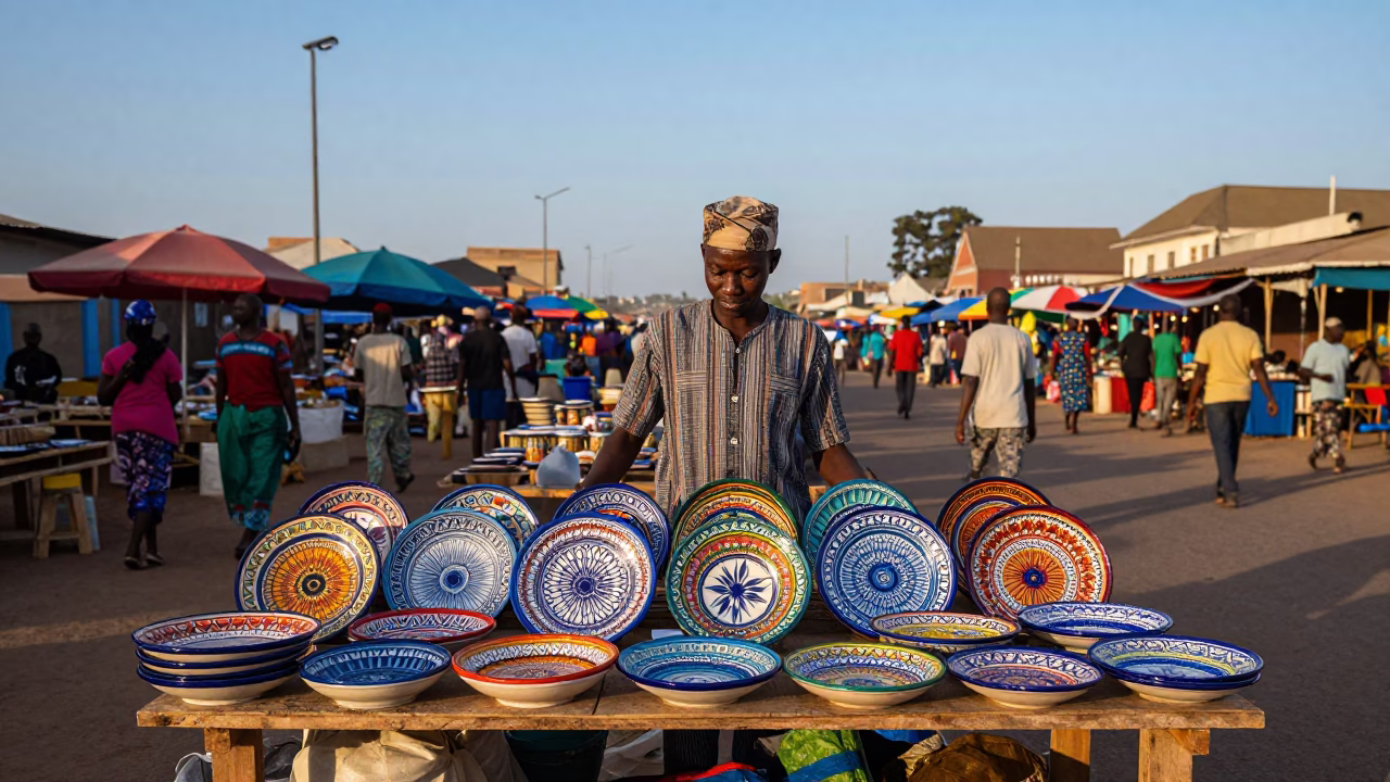 First Light Dawn in Dakar Senegal Street Market Vendor Displaying Colorful Majolica Plates in in Dakar, Senegal