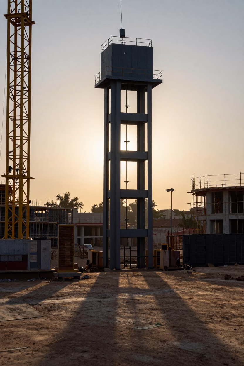 First light dawn in Dakar Senegal with construction elevator gate and rebar bundles in in Dakar, Senegal