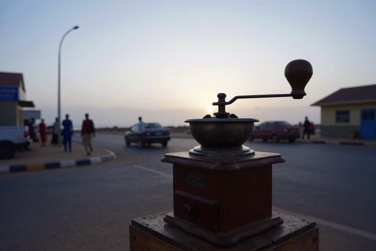 First Light Dawn in Dakar Senegal with Vintage Coffee Grinder and Morning Activity in in Dakar, Senegal