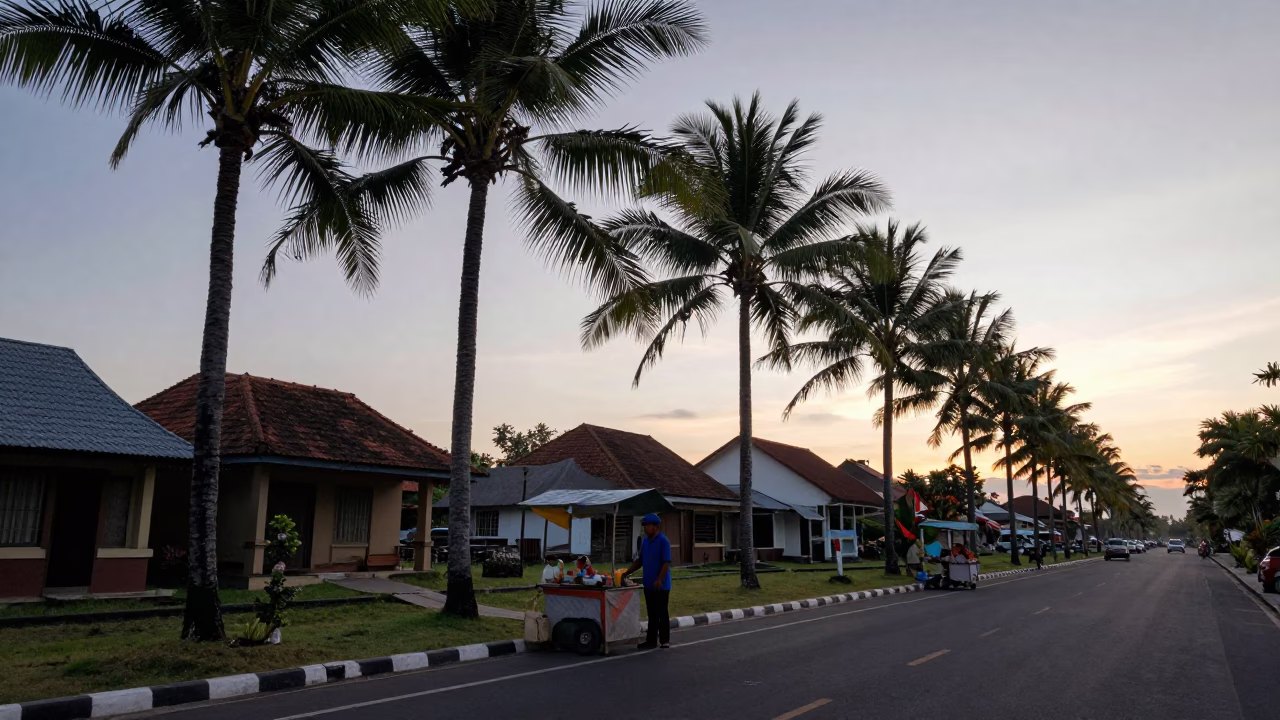 First Light Dawn in Denpasar Indonesia with Palm Trees and Local Morning Market Activity in in Denpasar, Indonesia