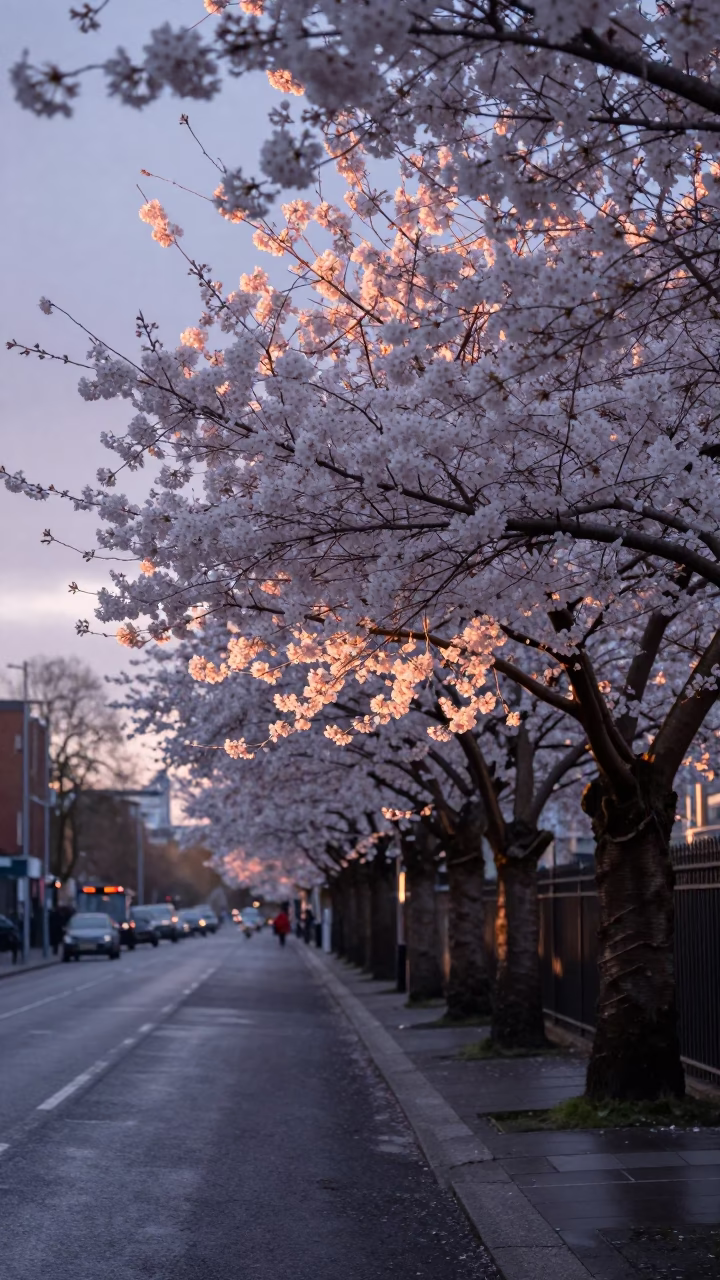 First Light Dawn in Dublin Ireland Cherry Tree Bloom and Street Scene in in Dublin, Ireland