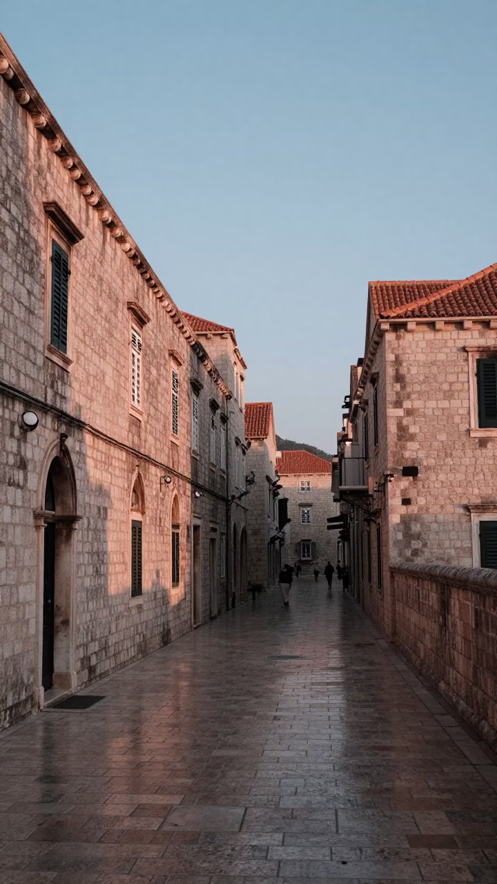 First Light Dawn in Dubrovnik Croatia Stone Walls and Local Street Scene in in Dubrovnik, Croatia