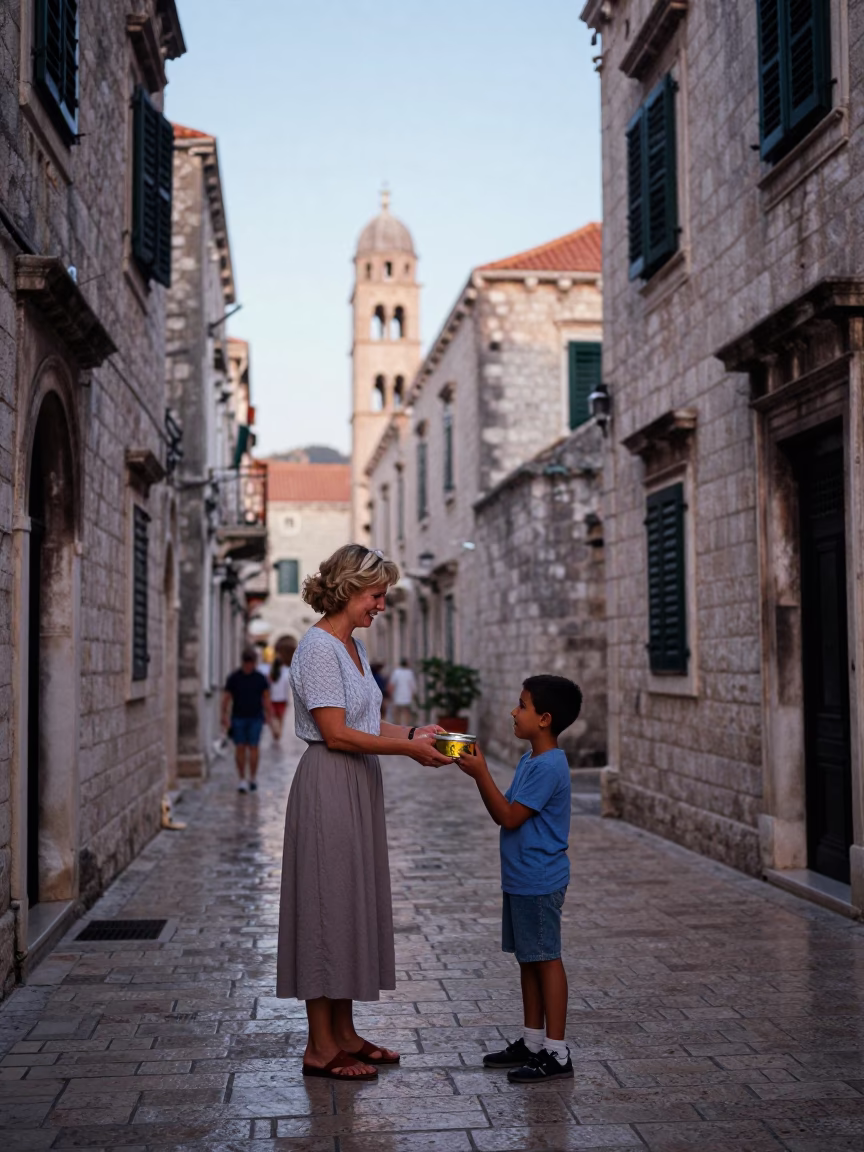 First light dawn in Dubrovnik Croatia street scene with vintage elements in in Dubrovnik, Croatia