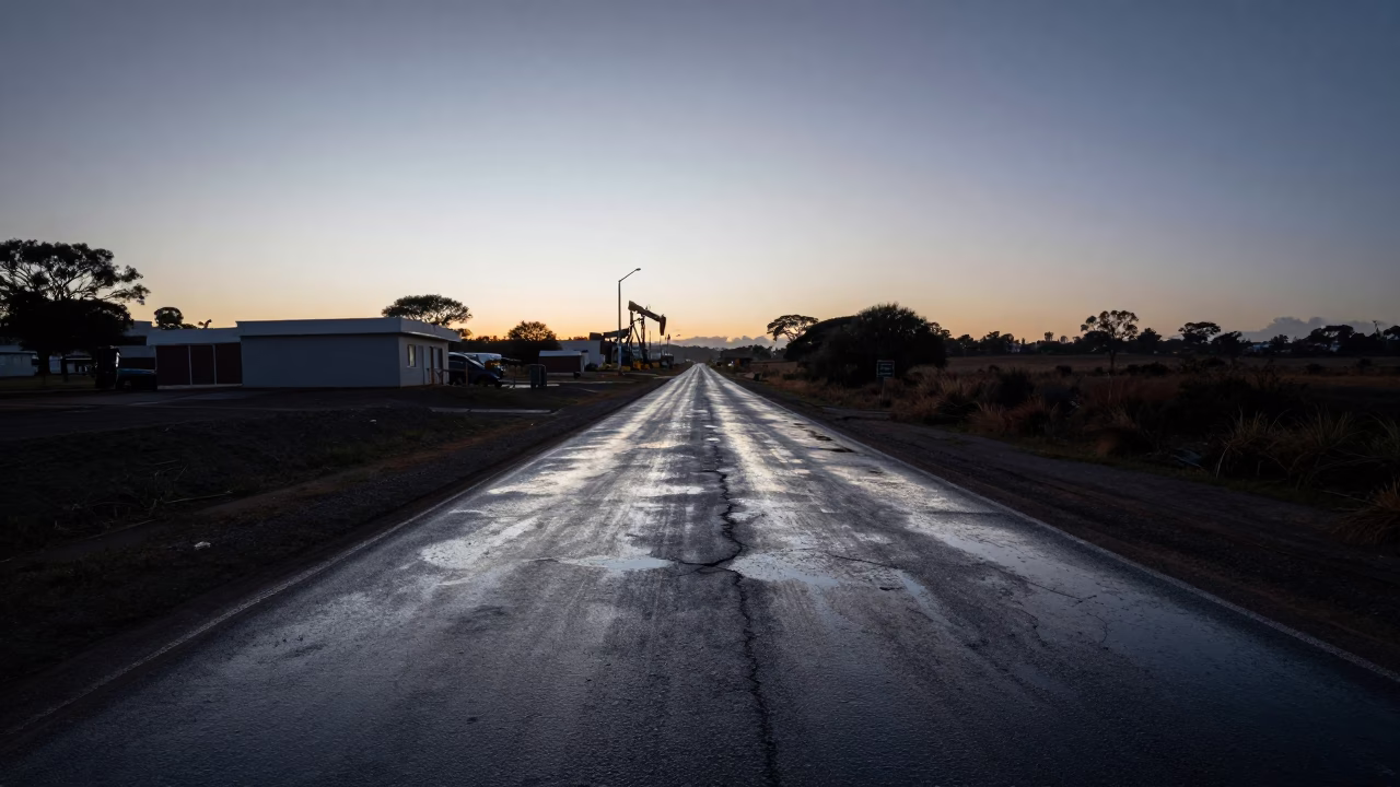 First Light Dawn in Durban Substation Access Road with Oil Sheen Rainwater Reflections in in Durban, South Africa