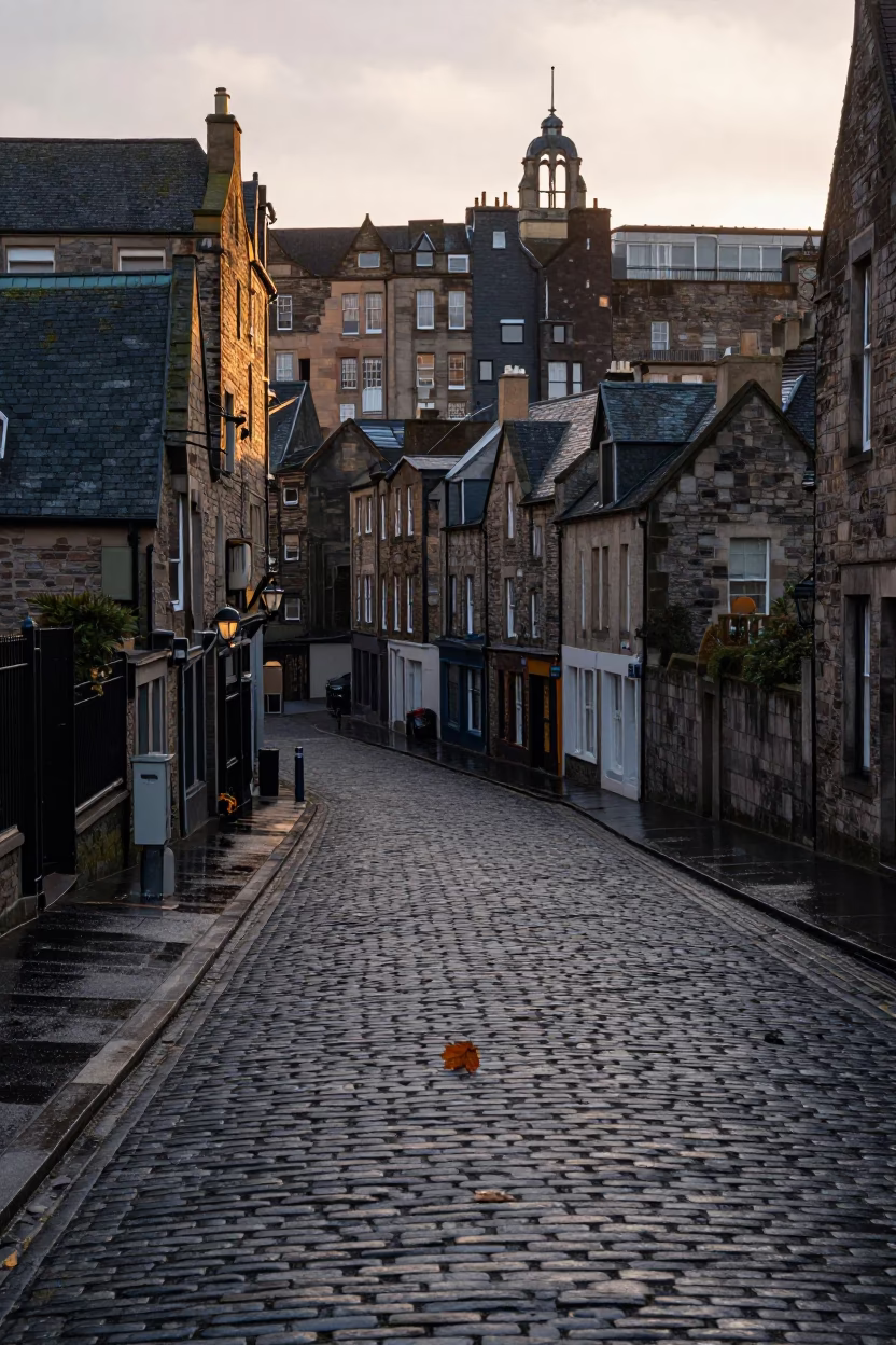 First Light Dawn in Edinburgh Scotland Cobblestone Street with Leaf Shadows and Substation Puddle in in Edinburgh, United Kingdom