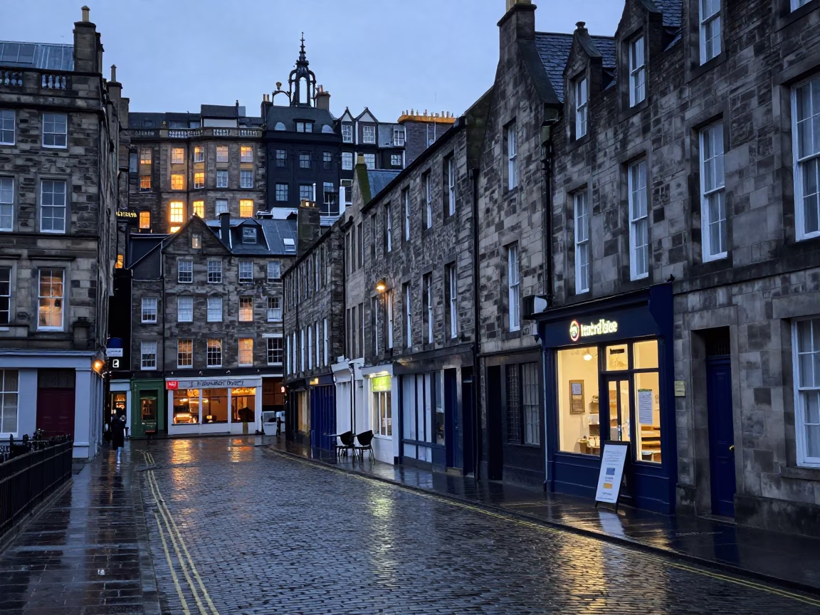 First Light Dawn in Edinburgh United Kingdom Street Scene with Fish and Chips in in Edinburgh, United Kingdom