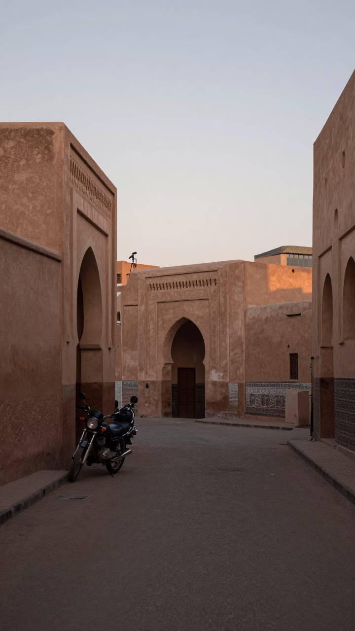 First Light Dawn in Fez Morocco Street Scene with Motorcycle and Traditional Architecture in in Fez, Morocco