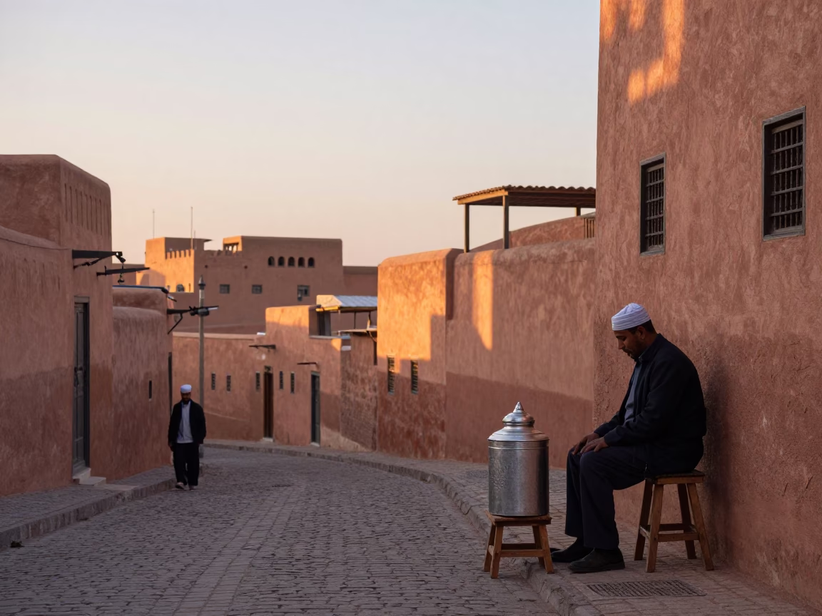 First Light Dawn in Fez Morocco Street Scene with Tiffin Tin and Local Commerce in in Fez, Morocco