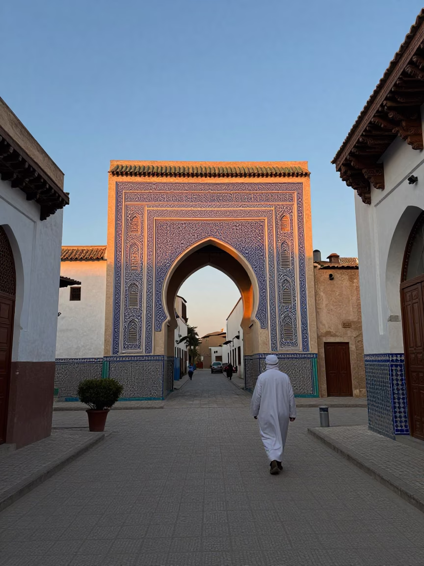First Light Dawn in Fez Morocco Street Scene with Traditional Architecture in in Fez, Morocco