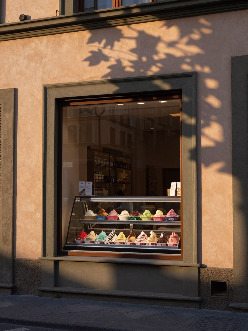 First Light Dawn in Florence Italy Gelato Display Window Leaf Shadows in in Florence, Italy