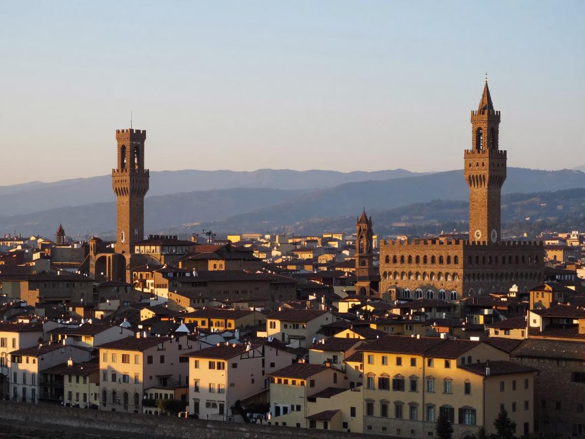 First light dawn in Florence Italy historic stone architecture and quiet morning streets in in Florence, Italy