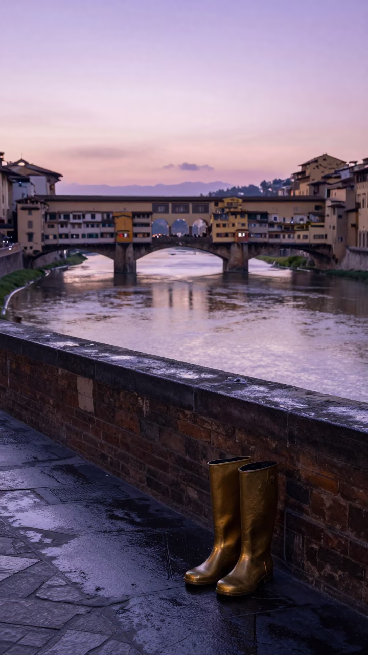 First Light Dawn in Florence Italy with Rain Boots and Brass Details in in Florence, Italy