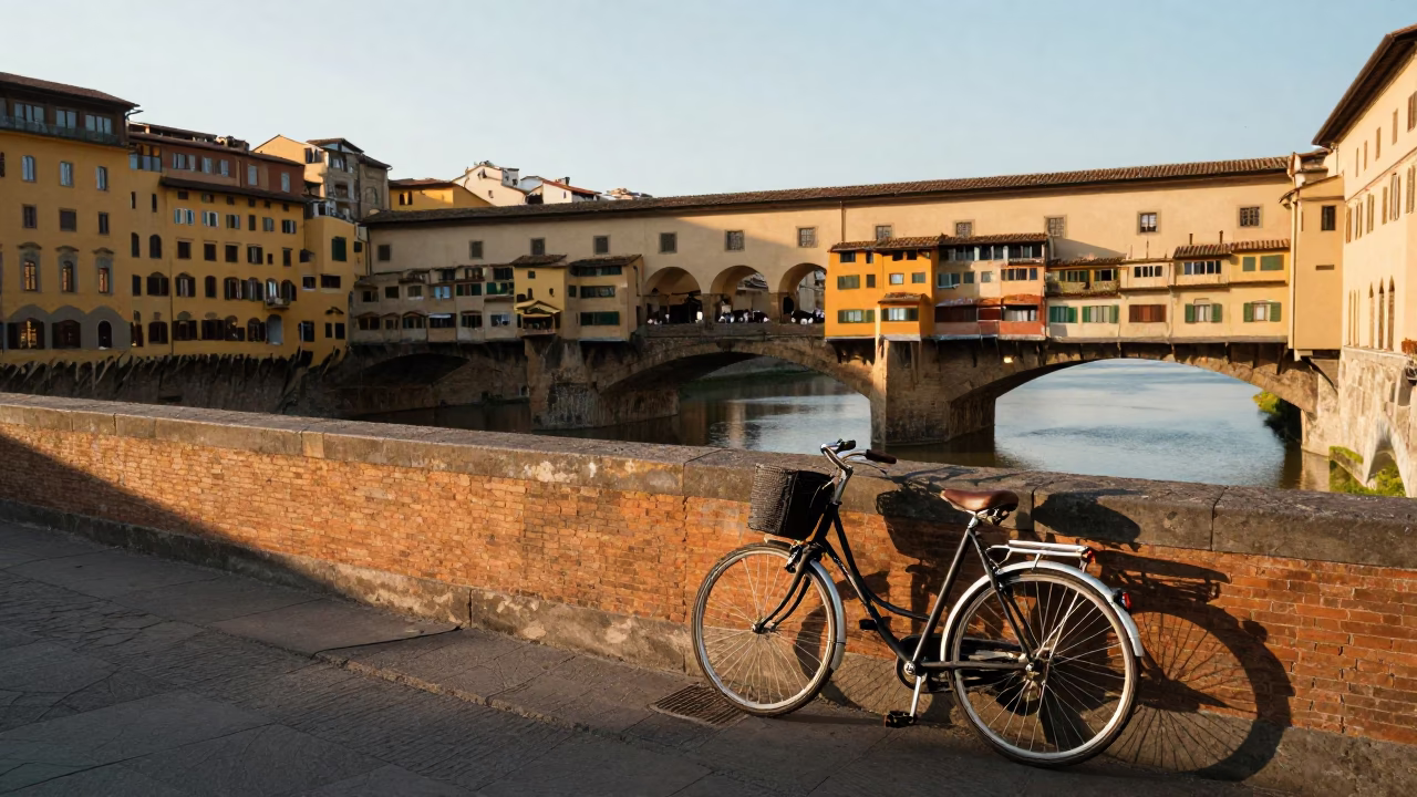First light dawn in Florence Italy with vintage bicycle and notebook on stone bridge in in Florence, Italy