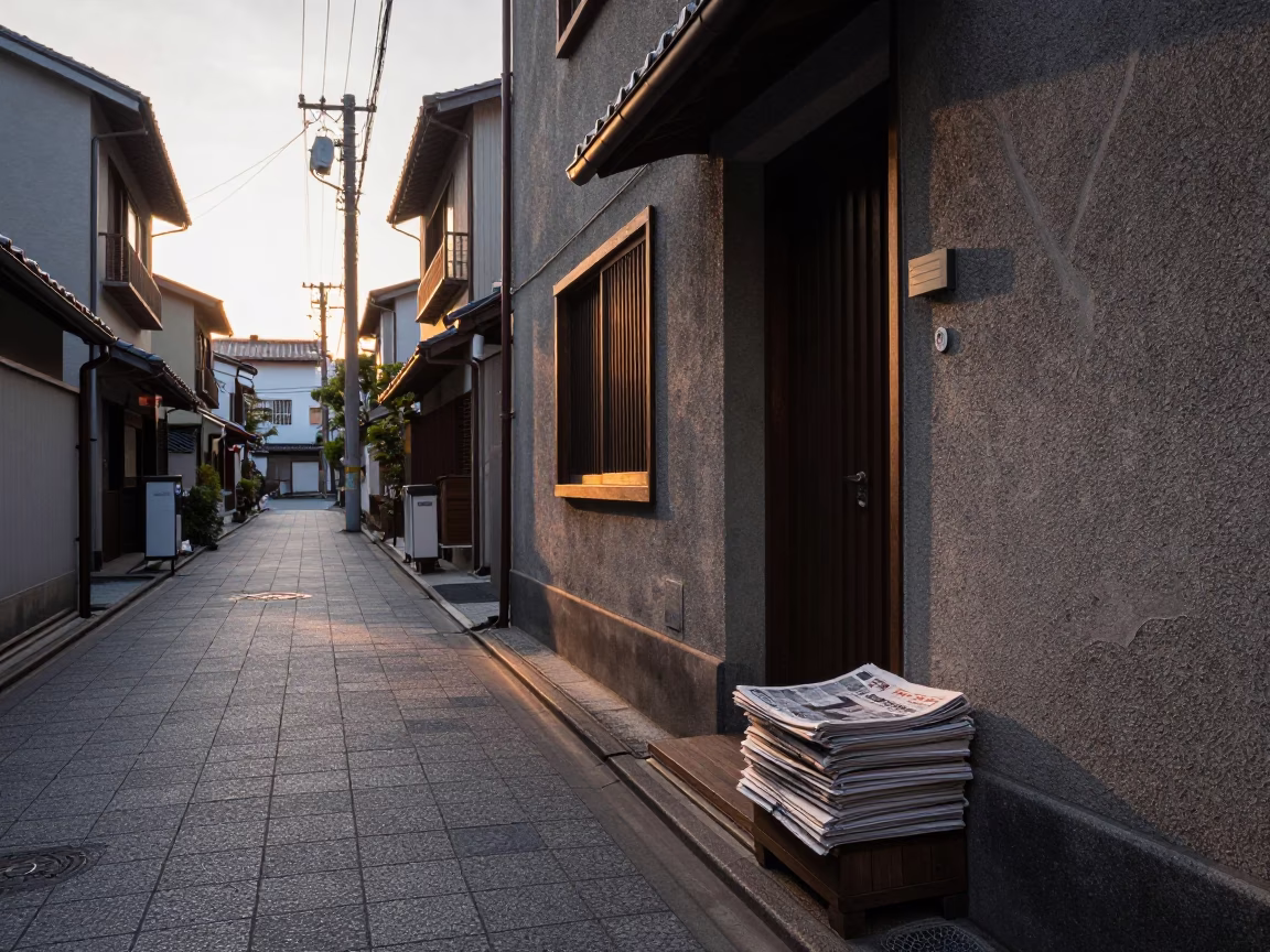 First light dawn in Fukuoka Japan street scene with newspaper stack and rattan stool in in Fukuoka, Japan