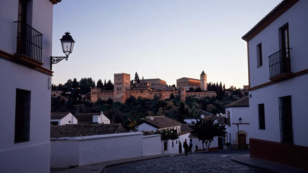 First Light Dawn in Granada Spain Alhambra Silhouette and Street Life in in Granada, Spain