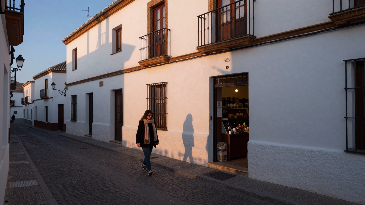 First Light Dawn in Granada Spain Street Scene with Scarf and Rattan Stool in in Granada, Spain