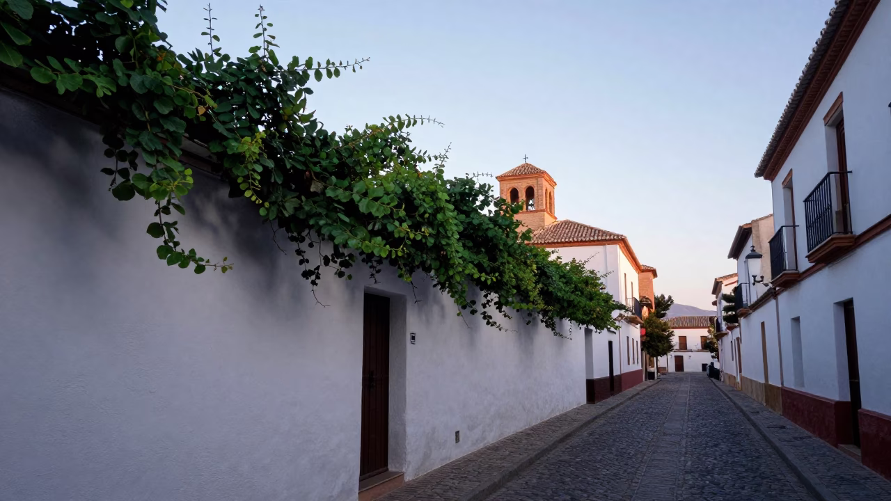 First Light Dawn in Granada Spain Street Scene with Vine and Postcards in in Granada, Spain