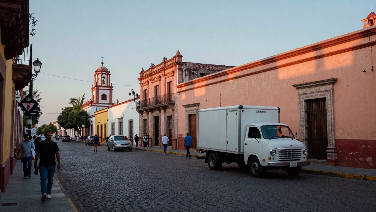 First Light Dawn in Guadalajara Mexico Busy Street Scene with Vintage Details in in Guadalajara, Mexico