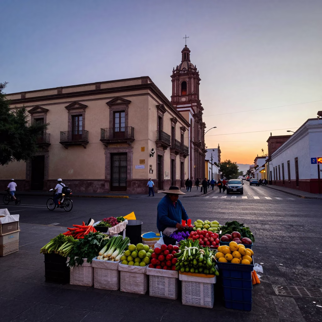 First Light Dawn in Guadalajara Mexico High Fashion Street Scene with Colorful Traditional Details in in Guadalajara, Mexico
