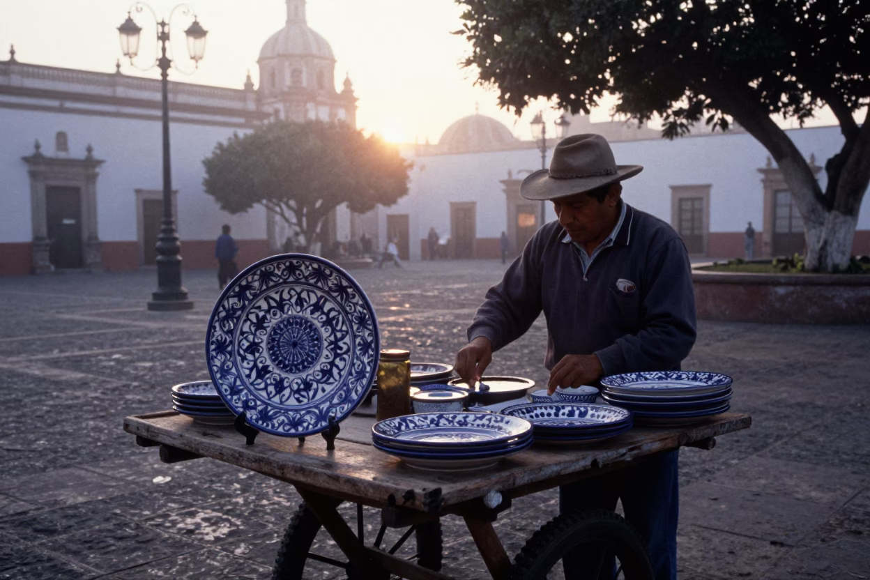 First Light Dawn in Guadalajara Mexico with Vintage Majolica Plate and Heliconia in in Guadalajara, Mexico