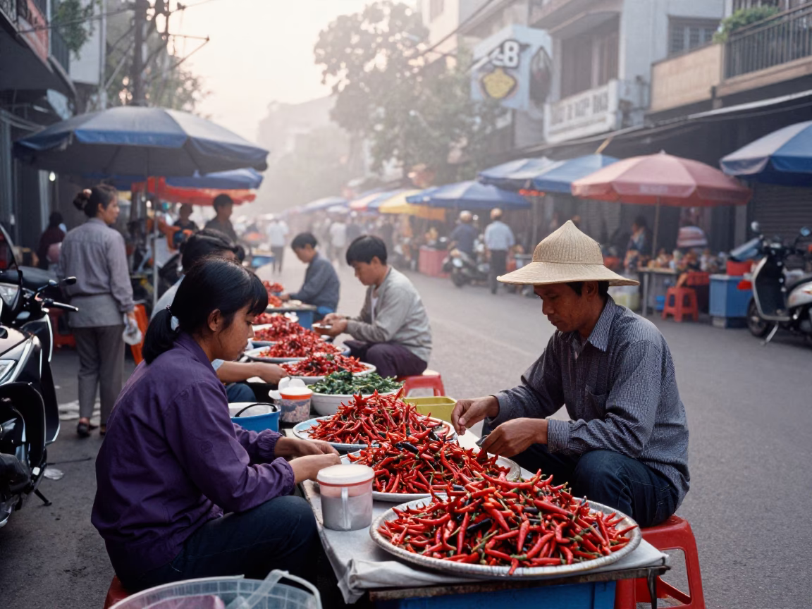 First Light Dawn in Hanoi Vietnam Street Market with Chili Peppers and Enamel Bowls in in Hanoi, Vietnam