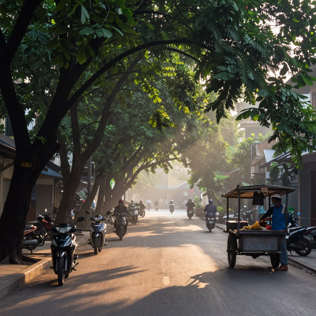 First Light Dawn in Hanoi Vietnam Street Scene with Motorbikes and Sourdough in in Hanoi, Vietnam