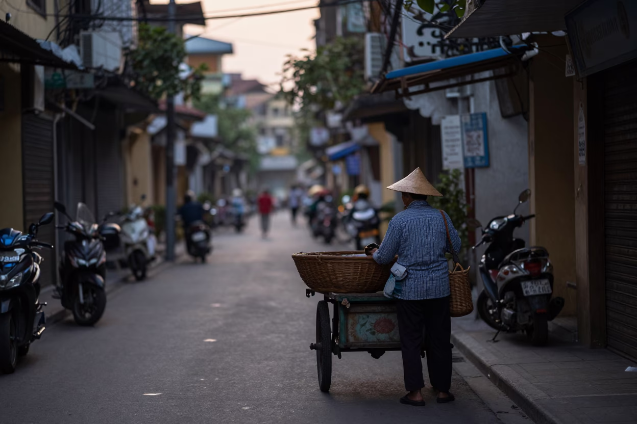 First Light Dawn in Ho Chi Minh City Vietnam Street Scene with Wicker Basket in in Ho Chi Minh City, Vietnam