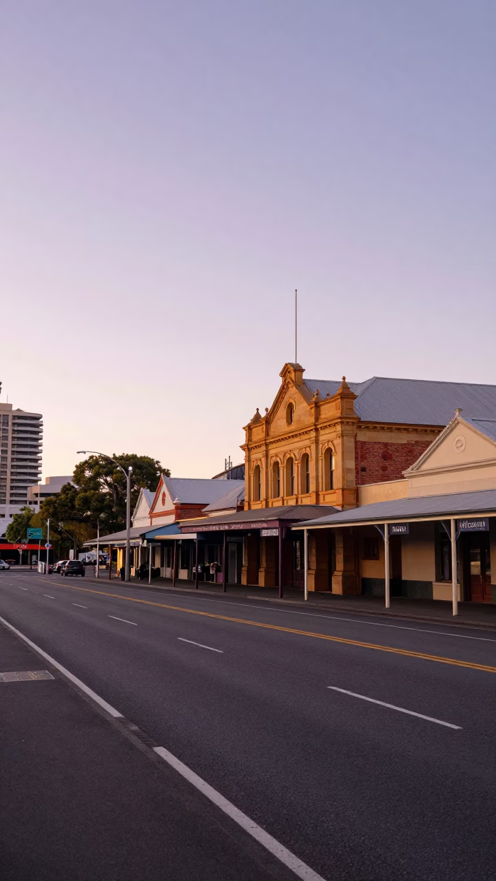 First Light Dawn in Hobart Tasmania Australia Colorful 1950s Street Scene in in Hobart, Tasmania, Australia