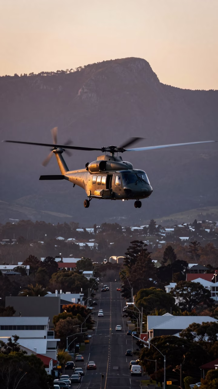 First Light Dawn in Hobart Tasmania Australia with Supply Helicopter Over Mountains in in Hobart, Tasmania, Australia