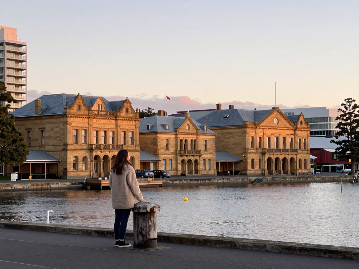 First Light Dawn in Hobart Tasmania Revealing Historic Waterfront Architecture and Morning Street Life in in Hobart, Tasmania, Australia