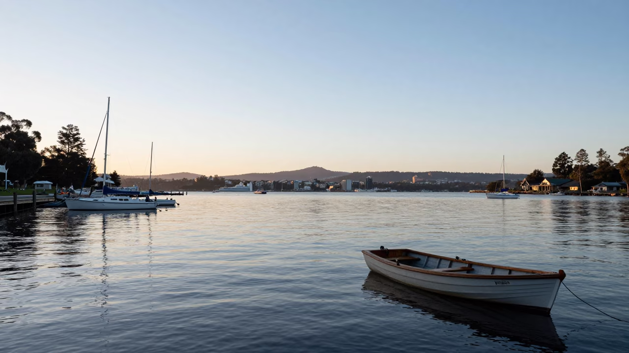 First light dawn in Hobart Tasmania showing waterfront boats and harbor details in in Hobart, Tasmania, Australia
