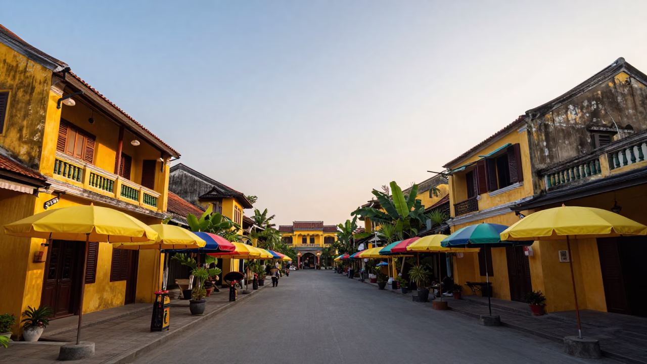 First Light Dawn in Hoi An Vietnam with Yellow Umbrellas and Street Life in in Hoi An, Vietnam