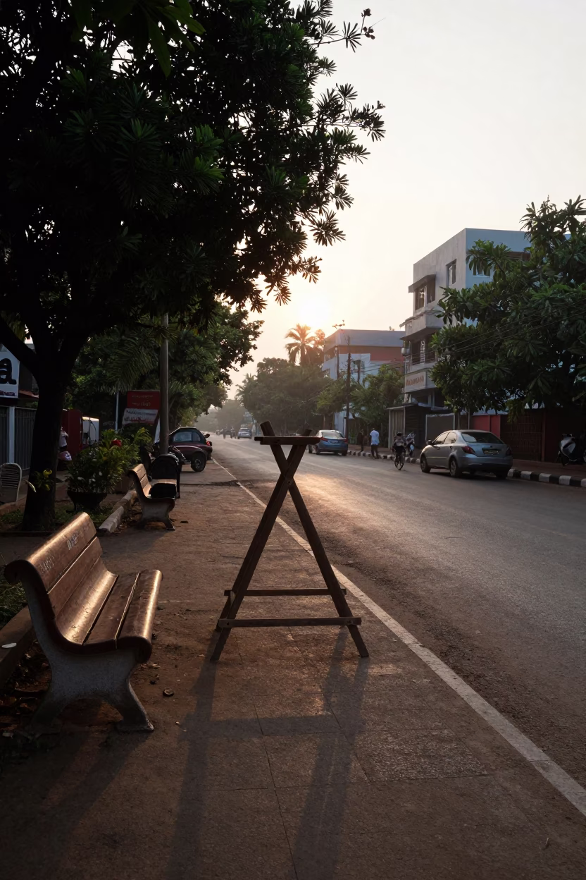 First Light Dawn in Hyderabad India Street Scene with Drying Rack and Park Bench in in Hyderabad, India
