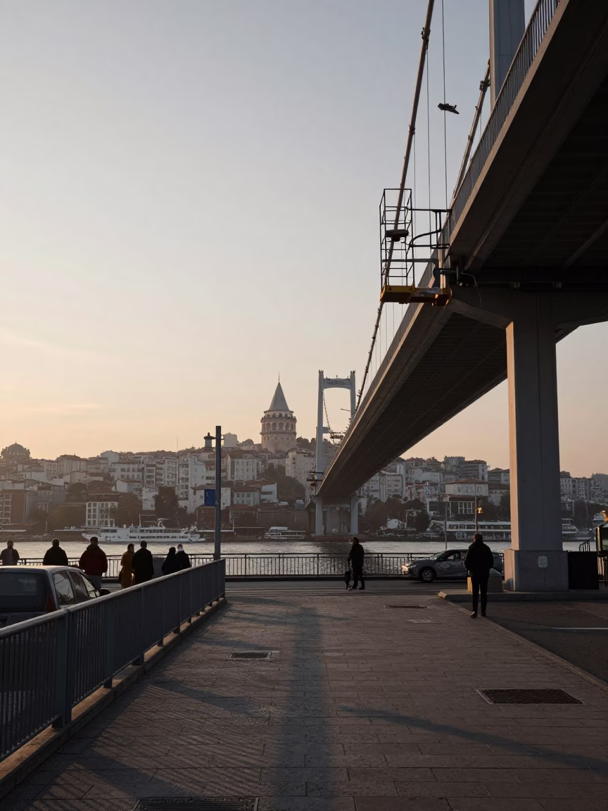 First Light Dawn in Istanbul Turkey Street Scene with Bridge Maintenance Cage in in Istanbul, Turkey