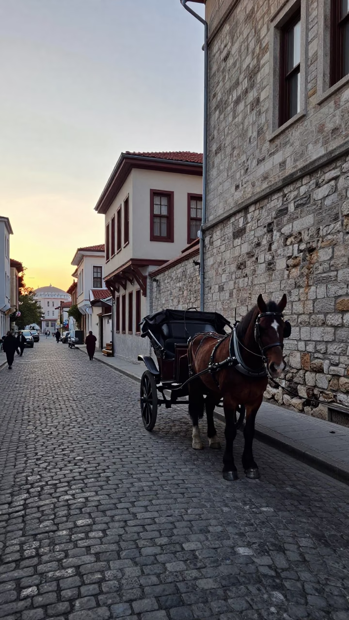 First Light Dawn in Istanbul Turkey Street Scene with Cobblestones and Horse Cart in in Istanbul, Turkey