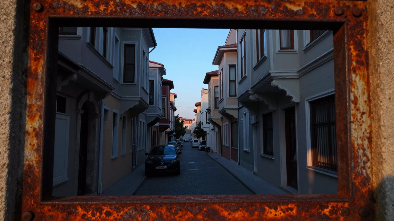 First Light Dawn in Istanbul Turkey Street Scene with Rusty Frame and Spirit Level in in Istanbul, Turkey