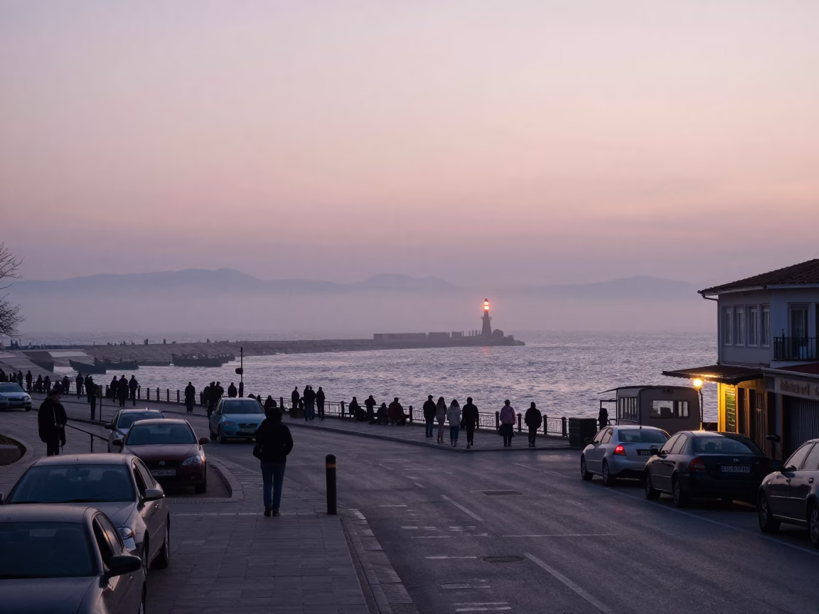 First Light Dawn in Izmir Turkey Street Scene with Breakwater Beacon and Coastal Life in in Izmir, Turkey